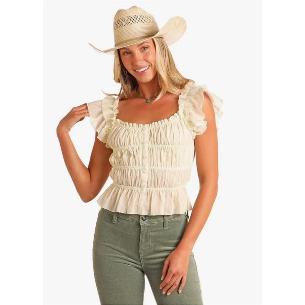 Rock & Roll Denim Cream Ruched Crop Top sz S